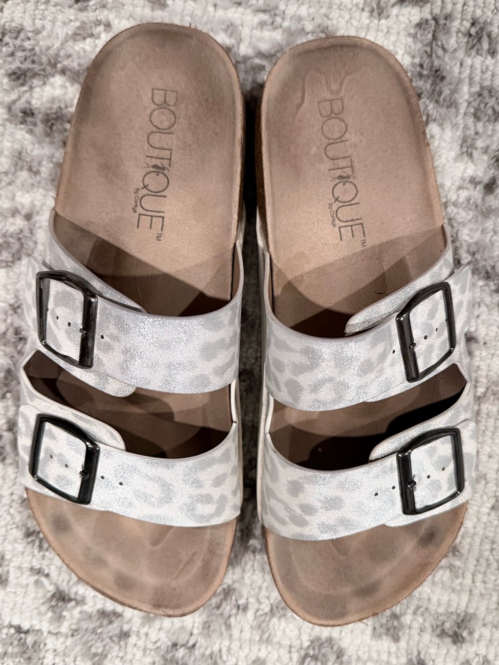 Corkeys Boutique Silver Leopard Print Double Buckle Slide Sandals